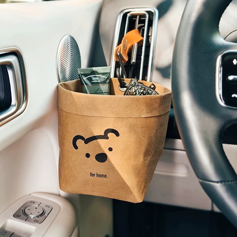 Tech Accessories Bag - 車用収納バケツ 洗えるクラフト紙ゴミ袋 吊り下げ式ゴミポーチ 車内整理アクセサリー