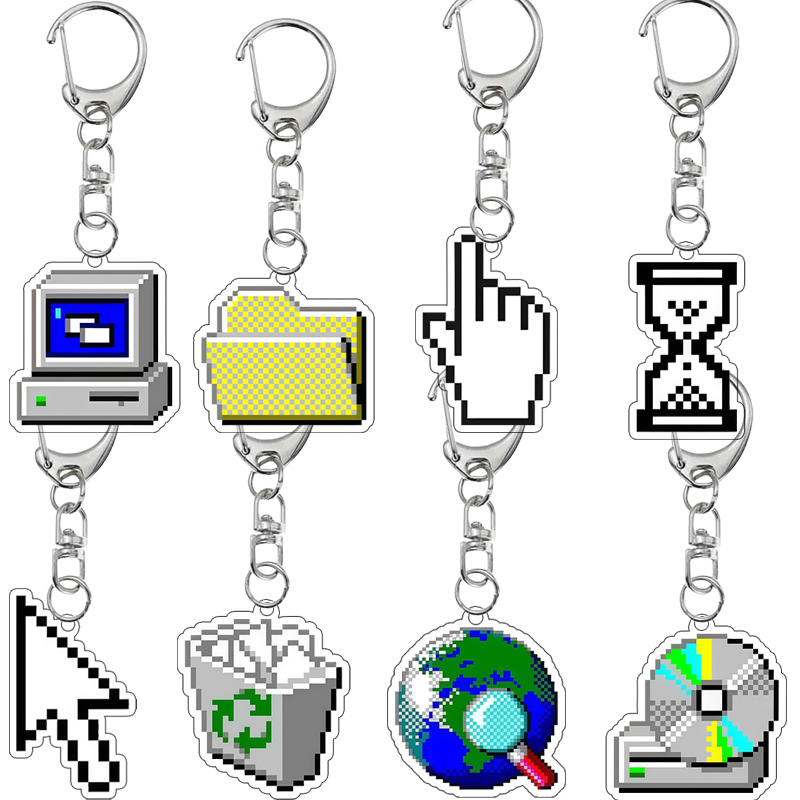 Tech Keychain Accessories - クリエイティブな両面プリント レトロピクセルアート Y2K風 ヴィンテージコンピューターアイコン ヴェイパーウェーブテック アクリルキーホルダー